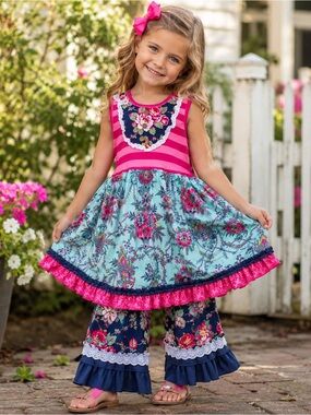 Giggle Moon Pink & Blue Floral Ruffle 2-piece Set Size 10